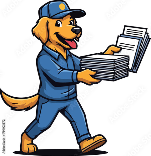 cheerful golden retriever mascot expertly delivers crucial documents, ensuring prompt and trustworthy service, isolated on transparent background