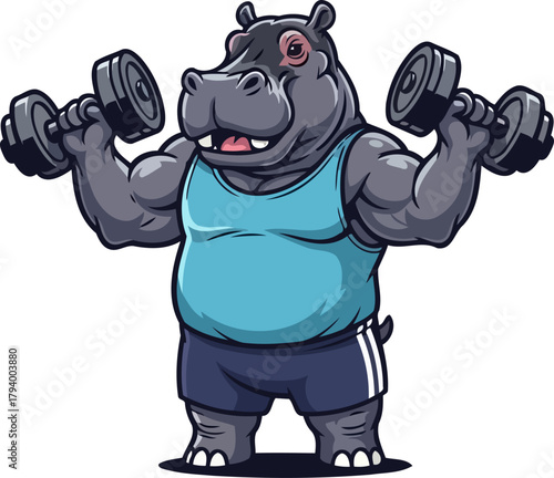 cheerful hippo athlete flexing mighty biceps with dumbbells, celebrating fitness gains, isolated on transparent background