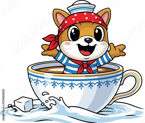 cheerful sailor pup embarks on a sweet coffee adventure with joyful splashes, isolated on transparent background