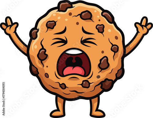 chocolate chip cookie mascot in utter anguish, loudly wailing with arms thrown skyward, isolated on transparent background