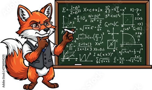 clever fox professor unravels complex equations, guiding minds through mathematical puzzles, isolated on transparent background