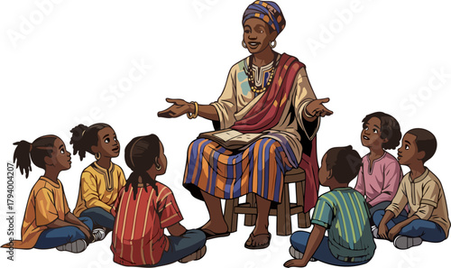 community matriarch ignites learning, weaving ancestral stories into curious childrens hearts, isolated on transparent background