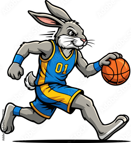competitive rabbit mascot dominates court, delivering explosive basketball performance with focus, isolated on transparent background