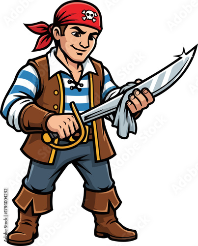 confident cartoon pirate masterfully cleans his cutlass, anticipating bold new adventures, isolated on transparent background