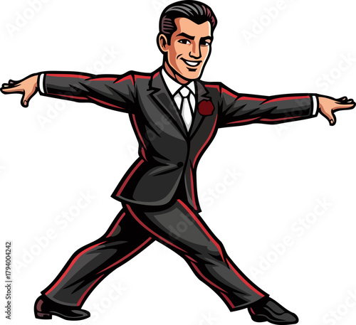 confident entertainer in a classic suit, captivating audiences with a spirited, theatrical gesture, isolated on transparent background