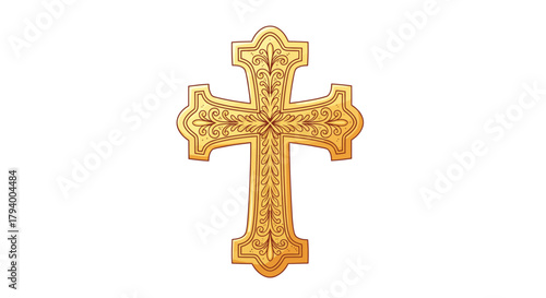 Ornate golden Christian cross with intricate patterns and decorative elements on a white background, symbolizing faith and spirituality.