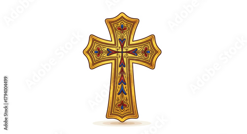 Ornate golden cross with red and blue accents on a white background.