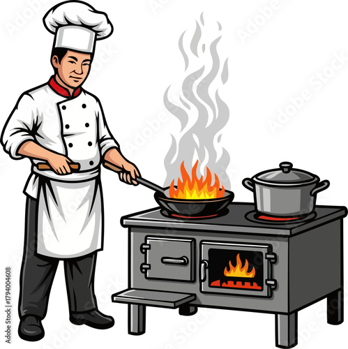 culinary maestro flames up a feast, mastering highheat cooking with precision, isolated on transparent background