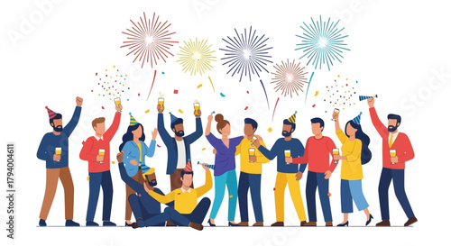 A diverse group celebrates with drinks party hats and colorful fireworks in the background
