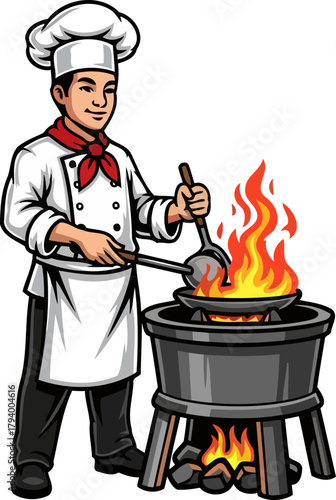 culinary artist ignites flavors, expertly crafting authentic dishes over intense heat, isolated on transparent background