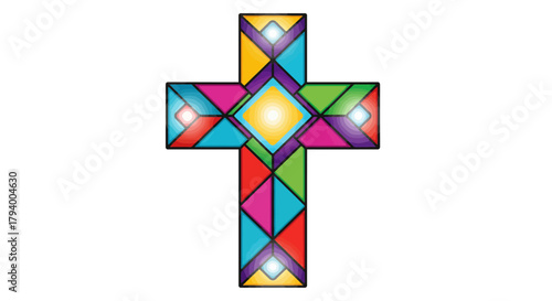A vibrant stained glass cross with geometric patterns and a central yellow diamond.