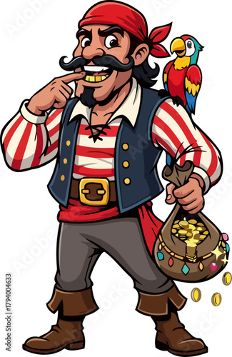 cunning buccaneers golden grin, celebrating a freshly plundered treasure trove, isolated on transparent background