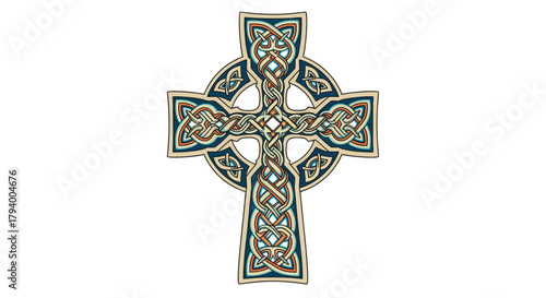 Intricate Celtic cross with traditional knotwork patterns in blue, green, and brown tones, symbolizing heritage and faith.