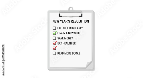 A New Years resolution list on a clipboard with checkedoff items
