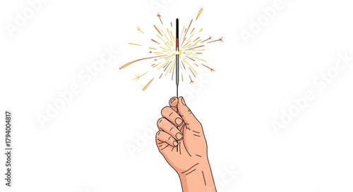 An illustration of a sparkler being held in a hand with sparks emanating from the top