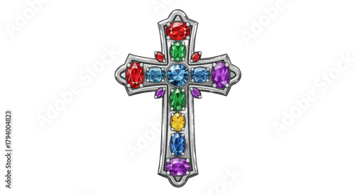 A beautifully ornate silver cross adorned with a vibrant array of colorful gemstones.