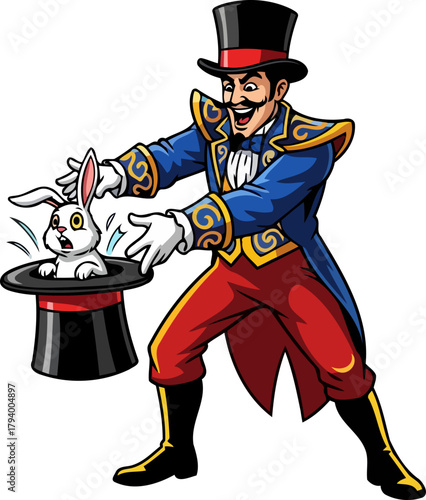 dapper conjurer pulls amazed bunny from iconic hat in a dazzling performance, isolated on transparent background