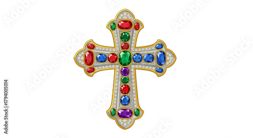 Ornate gold Christian cross encrusted with colorful jewels and diamonds on a white background.