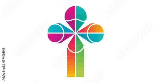 A vibrant, abstract, and colorful cross symbol logo with segmented petals in magenta, teal, orange, red, and green, on a white background.