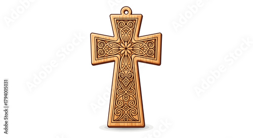 Wooden cross pendant with intricate Celtic knotwork design, perfect for religious symbolism.