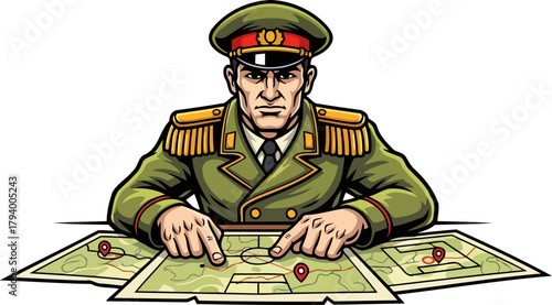determined commander plotting critical path, executing strategic vision on a detailed map, isolated on transparent background