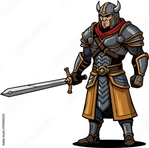 determined fantasy knight stands prepared, a formidable protector of ancient worlds, isolated on transparent background