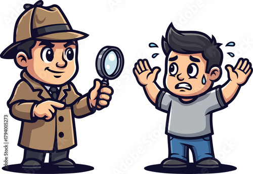 determined investigator confronts startled individual, unearthing hidden secrets with intense scrutiny, isolated on transparent background