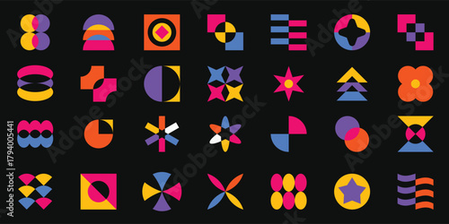 Colorful Retro Geometric Abstract Shapes on Black Background – Modern Minimal Vector Pattern