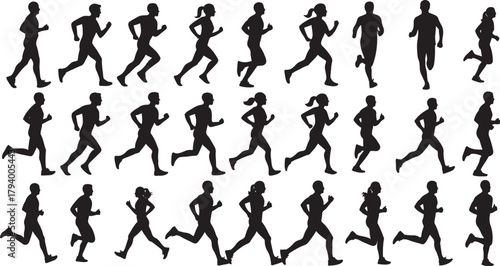 Silhouette Runners Set – Jogging Male & Female Figures in Motion  Athletic Fitness Illustration