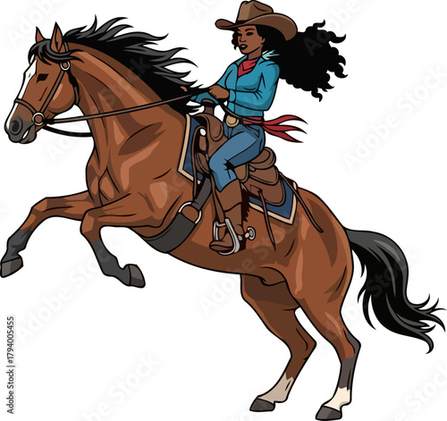 dynamic cowgirl and rearing horse showcase western strength and unbridled spirit, isolated on transparent background