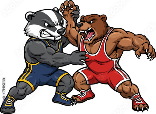 dynamic duel iconic animal mascots wrestle with unyielding strength and competitive spirit, isolated on transparent background