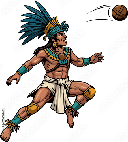 dynamic indigenous athlete engages fiercely in sacred mesoamerican ball game, isolated on transparent background