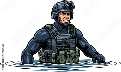 elite aquatic commando emerges, focused and equipped for demanding special operations, isolated on transparent background
