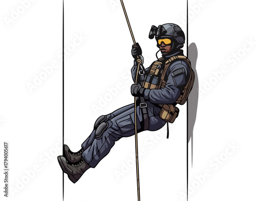 elite tactical operative masterfully rappels down, demonstrating precision and unyielding determination, isolated on transparent background