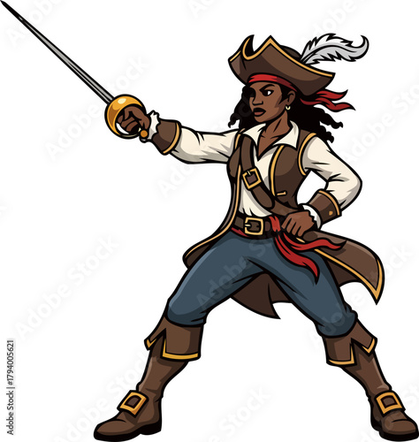 empowered buccaneer unleashes her inner warrior with a daring sword thrust, isolated on transparent background