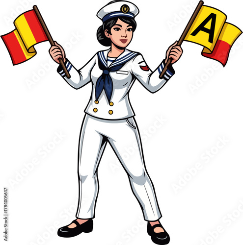 empowered female sailor confidently signals maritime messages with vibrant semaphore flags, isolated on transparent background