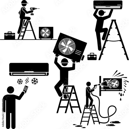 Air Conditioner Installation and Maintenance Black and White Icon Set