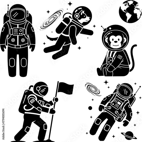Astronauts and Space Animals Black and White Icon Set