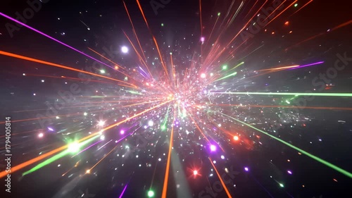 Colorful Abstract Spacescape: Vibrant Laser Explosions and Shimmering Starburst with Sci-Fi Cosmic Energy Streaks in 3D Digital Motion