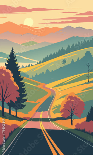 Mountain road landscape at sunset with autumn colors