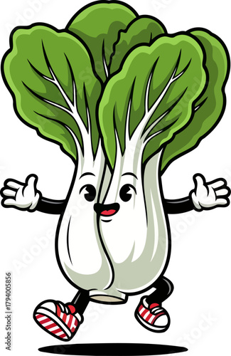 energetic bok choy mascot embraces healthy living with open arms and joyful stride, isolated on transparent background