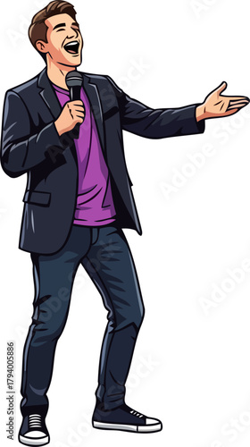 energetic entertainer commands stage, sharing joyful performance with welcoming gesture, isolated on transparent background