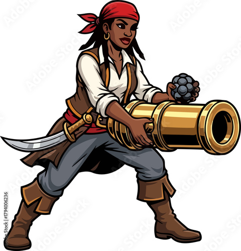 fearless maritime warrior preparing her formidable sea weapon for a bold adventure, isolated on transparent background