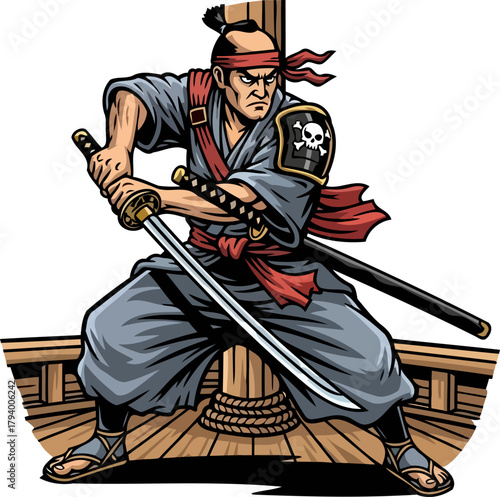 fearsome eastern blade master defends ships deck with unyielding resolve, isolated on transparent background