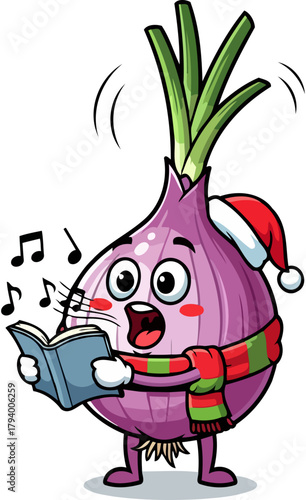 festive purple onion mascot serenades with christmas carols, bringing joyful holiday melodies, isolated on transparent background