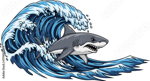 fierce cartoon shark rides a mighty ocean wave with untamed aquatic energy, isolated on transparent background