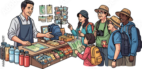 friendly merchant assists enthusiastic visitors planning their next memorable journey, isolated on transparent background