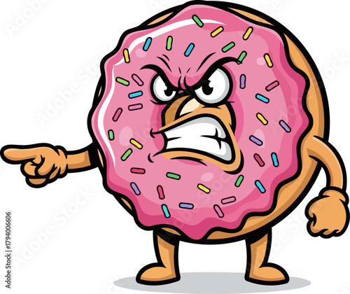 furious sprinkled donut demands attention, pointing with sweet, irate command, isolated on transparent background