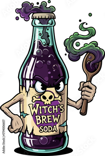 furious witchs brew soda character fiercely mixes its dark, bubbling halloween elixir, isolated on transparent background