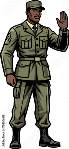 gallant military figure commands respect, greeting the viewer with a confident, open hand, isolated on transparent background